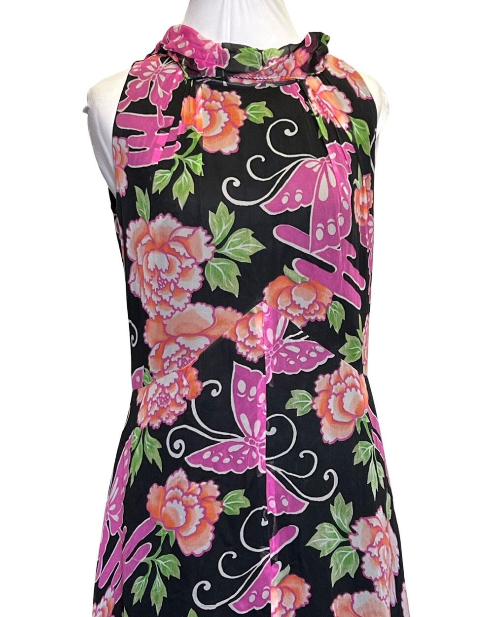 Vintage 60s/70s Black Butterfly Floral Printed Maxi Dress Medium